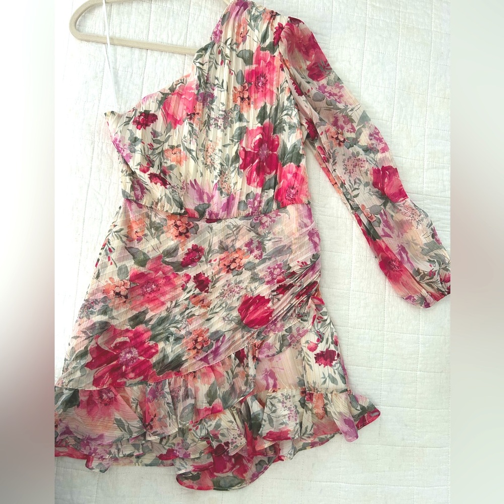 Express Pink and Red Ruffled One Shoulder Dress